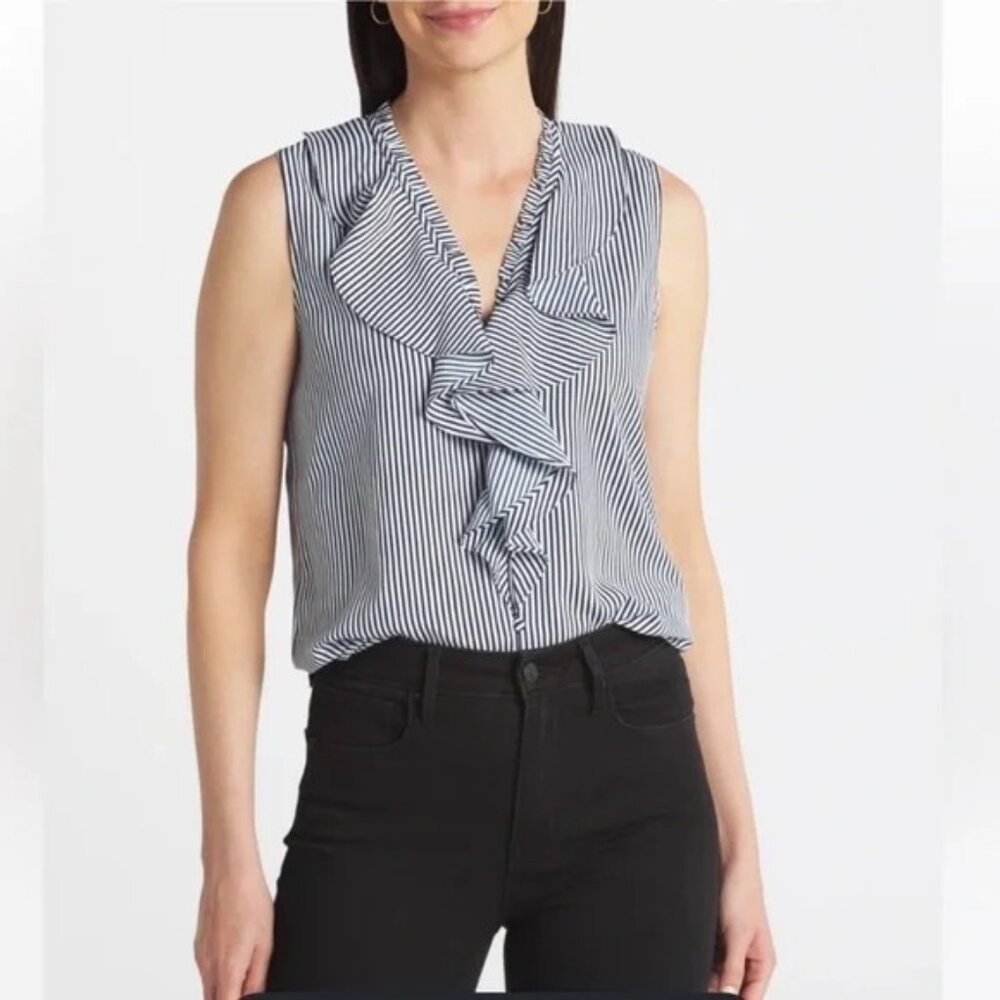 Karl Lagerfeld Yagavi Black and White Ruffle Stripe Sleeveless Chic Blouse Sz M